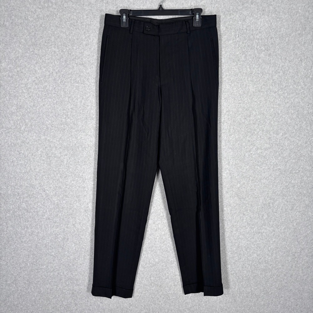 Hugo Boss Pinstripe Pleated Cuffed Dress Pants‎ 38R Virgin Wool Einstein Sigma